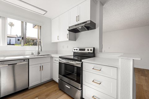 A modern kitchen with white cabinets and stainless steel appliances.