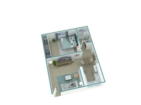 A 3D floor plan of a house with a living room, kitchen, and two bedrooms.