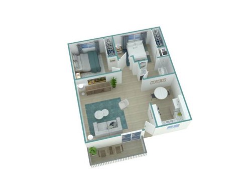 A 3D floor plan of a house with a kitchen, living room, and bathroom.
