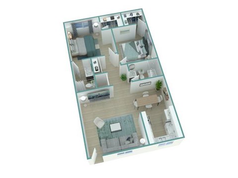 A 3D floor plan of a house with a kitchen, living room, and two bedrooms.
