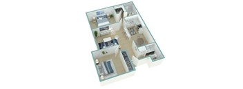 A 3D floor plan of a house with multiple rooms.
