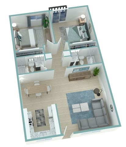 A 3D floor plan of a house with a living room, kitchen, dining room, and bedrooms.