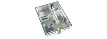 A 3D floor plan of a small apartment with a bedroom, living room, kitchen, and bathroom.