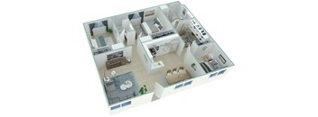 A 3D floor plan of a house with a living room, kitchen, and bedrooms.