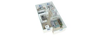 A 3D floor plan of a house with a kitchen, living room, and bathroom.