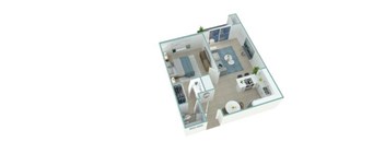 A 3D floor plan of a house with a kitchen, living room, and two bedrooms.