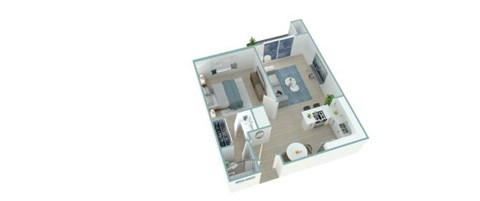 A 3D floor plan of a house with a kitchen, living room, and two bedrooms.