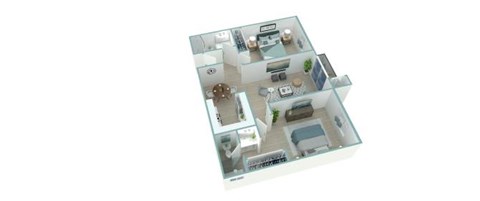 A 3D floor plan of a house with a kitchen, living room, and two bedrooms.