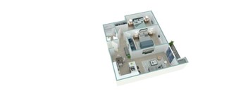 A 3D image of a house layout with a kitchen, living room, and bathroom.