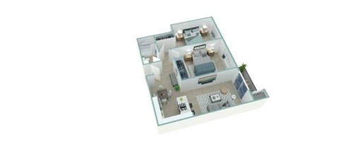 A 3D image of a house layout with a kitchen, living room, and bathroom.