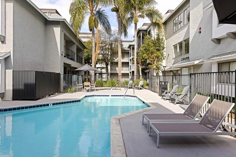 A swimming pool surrounded by lounge chairs and palm trees.