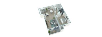 A 3D floor plan of a house with a kitchen, living room, and two bedrooms.