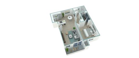 A 3D floor plan of a house with a kitchen, living room, and two bedrooms.