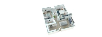 A 3D floor plan of a house with multiple rooms.