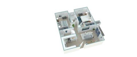 A 3D floor plan of a house with multiple rooms.