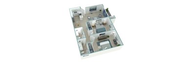 A 3D floor plan of a house with multiple rooms.