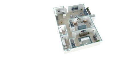 A 3D floor plan of a house with multiple rooms.