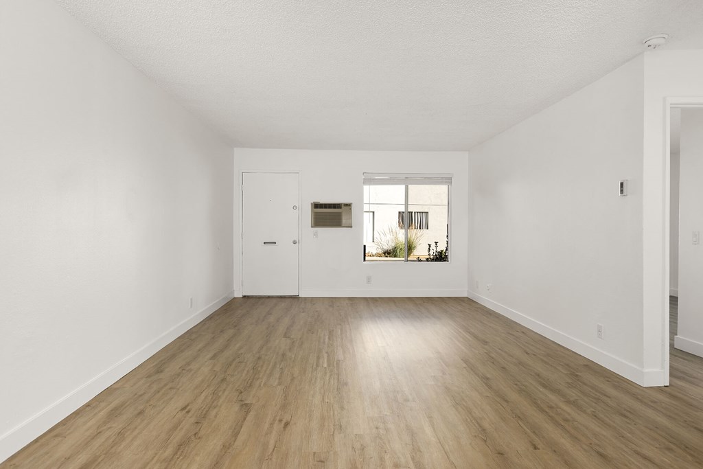A room with a white door and a window with a view of plants outside.