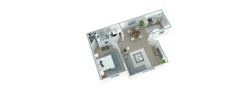 A 3D floor plan of a house with a kitchen, living room, dining room, and bathroom.