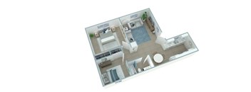A 3D floor plan of a house with a swimming pool.