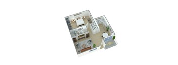 A 3D floor plan of a house with a kitchen, living room, dining room, and two bedrooms.