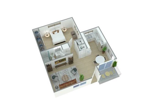A 3D floor plan of a house with a kitchen, living room, dining room, and two bedrooms.