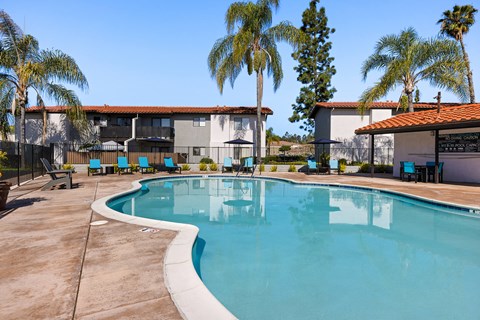 A swimming pool surrounded by palm trees and a building.