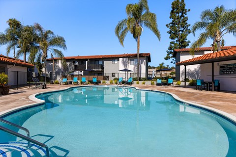 A swimming pool surrounded by palm trees and a building.