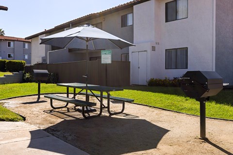 A picnic table with an umbrella is in front of a building.