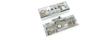 A 3D floor plan of a house with two bedrooms, a living room, a kitchen, and a bathroom.
