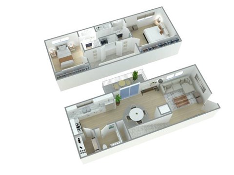 A 3D floor plan of a house with two bedrooms, a living room, a kitchen, and a bathroom.
