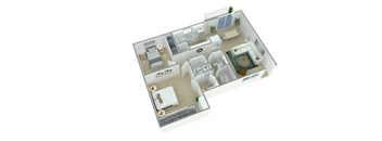 A 3D floor plan of a house with a living room, kitchen, and two bedrooms.