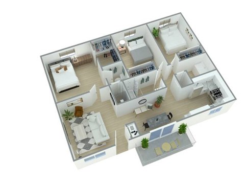 A 3D floor plan of a house with multiple rooms and furniture.