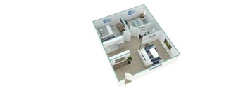 A 3D floor plan of a house with a kitchen, living room, and bedrooms.