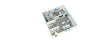 A 3D image of a modern apartment with a kitchen, living room, and bathroom.