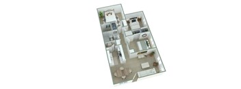 A top-down view of a house interior with a living room, kitchen, and bedrooms.