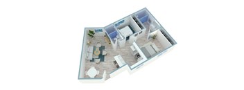 A 3D floor plan of a house with a living room, kitchen, and two bedrooms.