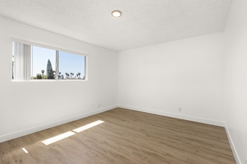 Empty room with wooden floor and a window showing a tree outside.
