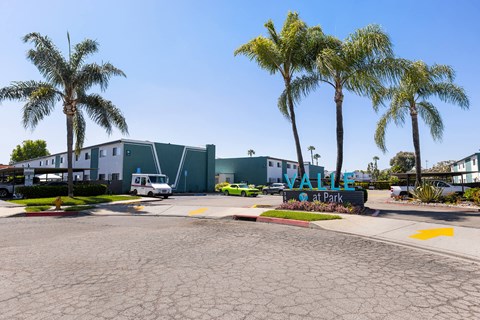 A parking lot with a building and palm trees in the background.
