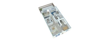 A 3D floor plan of a house with a kitchen, living room, and bathroom.