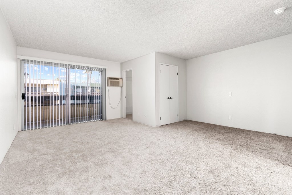 A room with a carpeted floor, a door, and a window with blinds.
