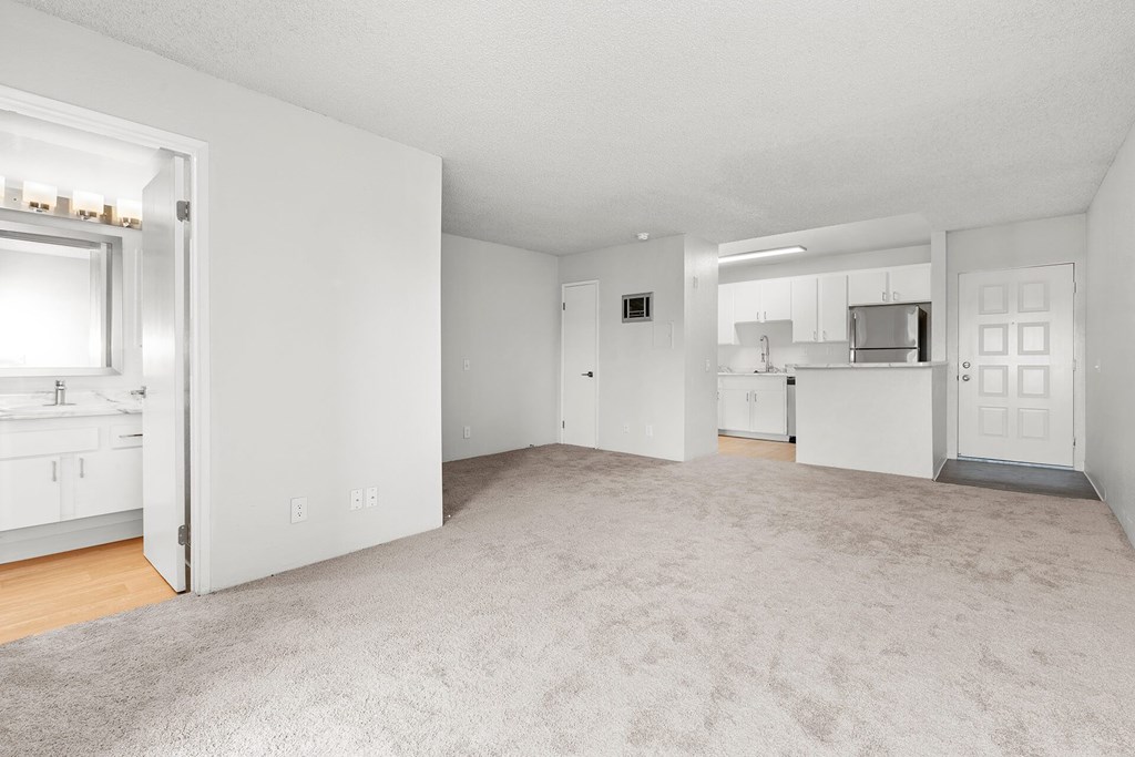 A large, empty room with a carpeted floor and white walls.
