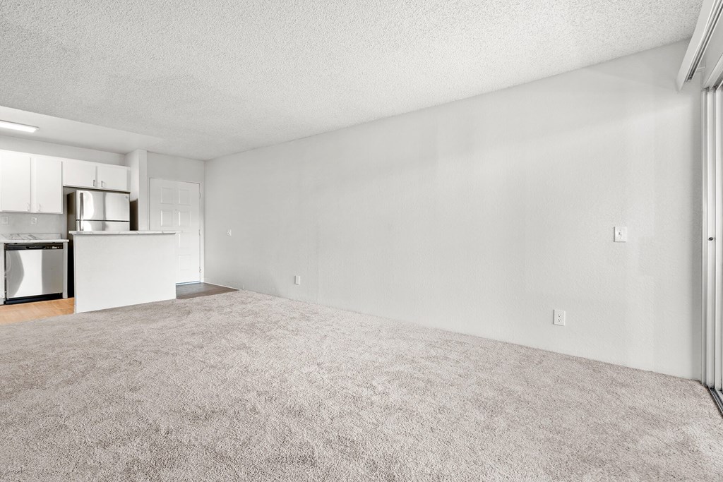 A spacious living room with a carpeted floor and white walls.