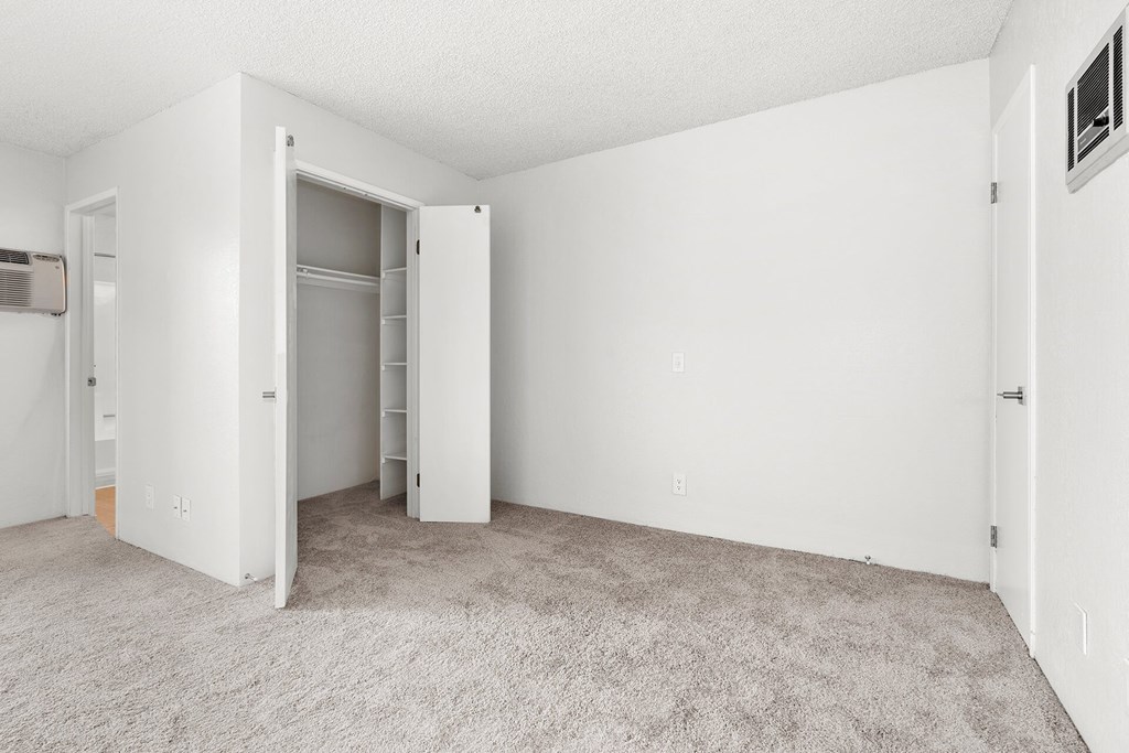A room with a carpeted floor and a doorway leading to another room.
