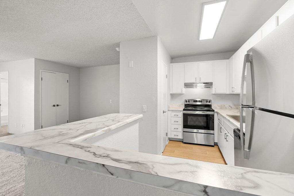 A modern kitchen with a marble countertop and stainless steel appliances.