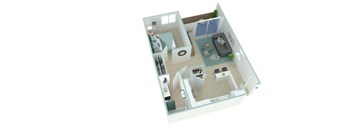 A 3D floor plan of a house with a kitchen, living room, and bathroom.
