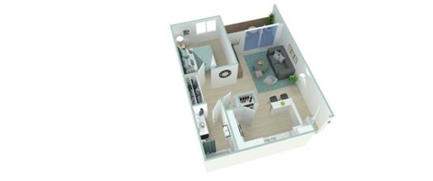 A 3D floor plan of a house with a kitchen, living room, and bathroom.