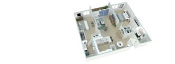 A 3D floor plan of a house with a kitchen, living room, and two bedrooms.