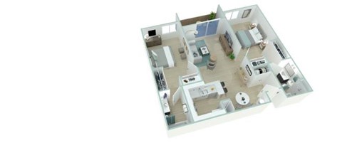 A 3D floor plan of a house with a kitchen, living room, and two bedrooms.
