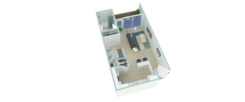 A 3D image of a house layout with a kitchen, living room, and two bedrooms.